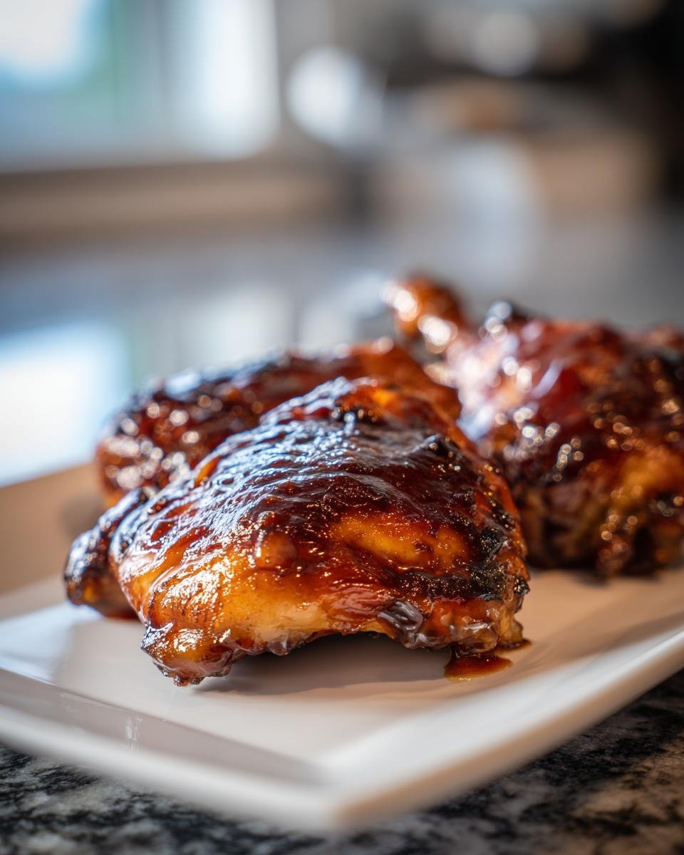Close-up of beautifully glazed Spicy Sweet Sticky Chicken Thighs on a white platter.