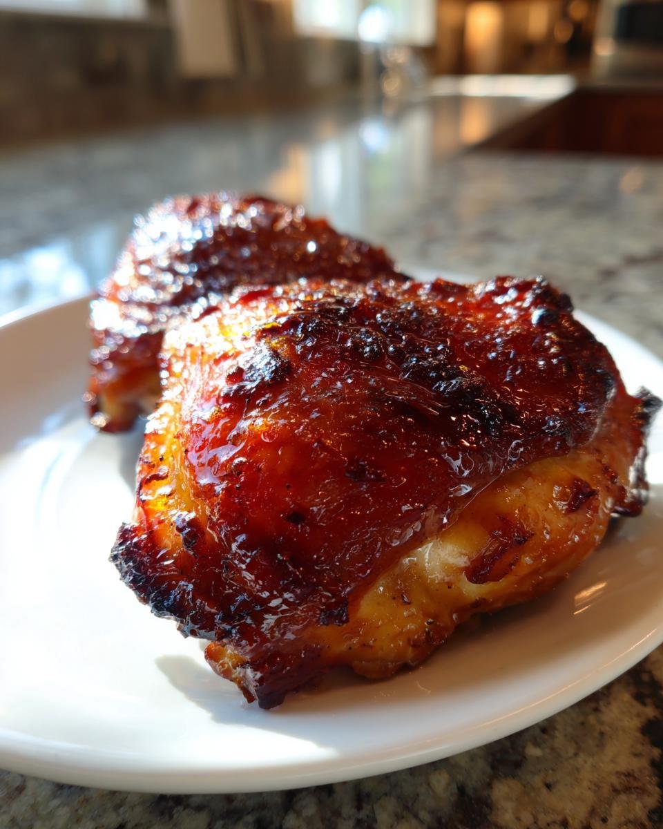 Close-up of two perfectly glazed Spicy Sweet Sticky Chicken Thighs on a white plate.