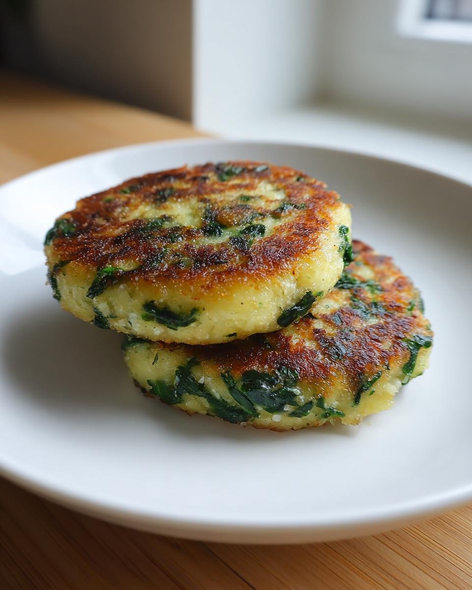Two golden brown Spinach Garlic Potato Patties stacked on a white plate, showing visible green spinach pieces.