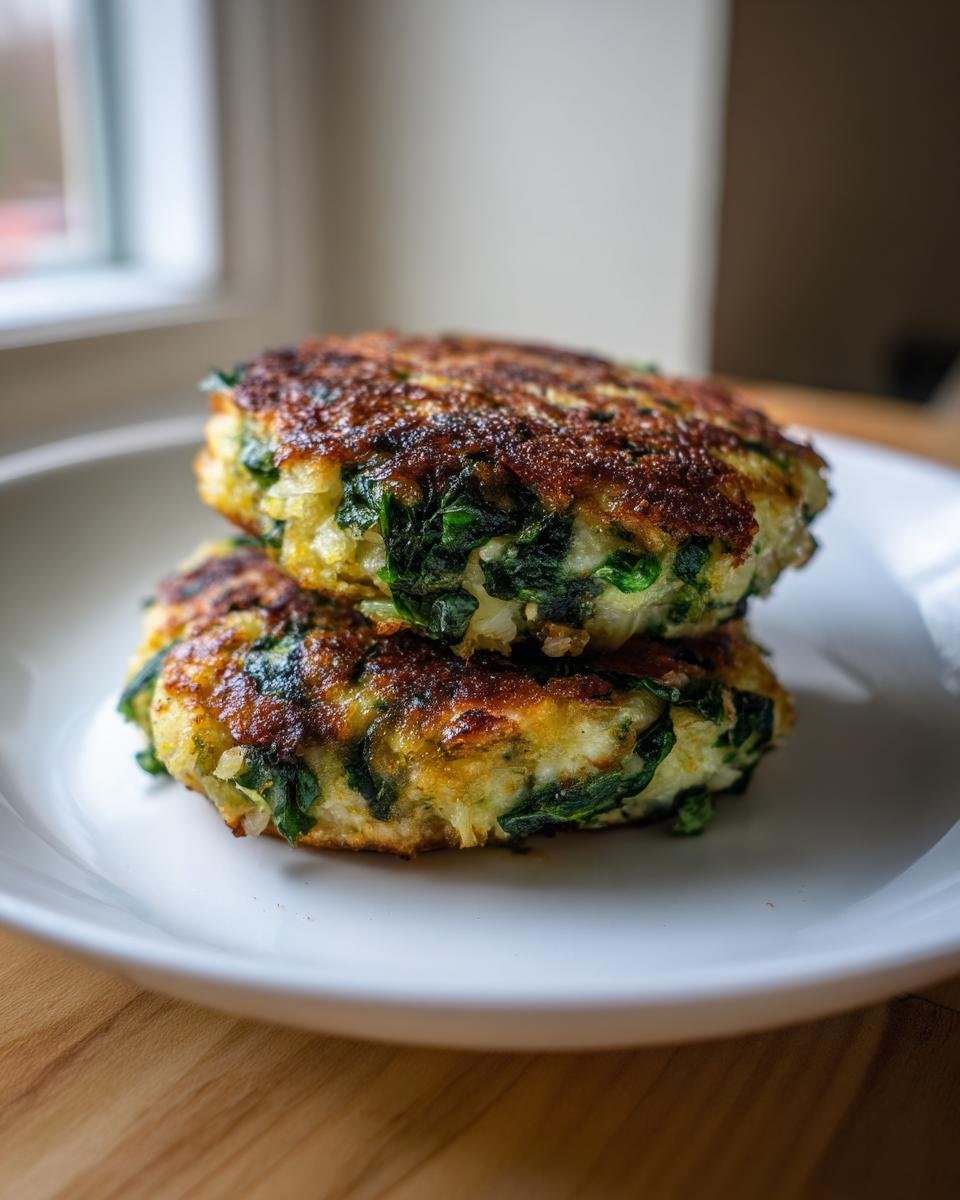 Two perfectly pan-fried Spinach Garlic Potato Patties stacked on a white plate, showing crispy edges and green spinach filling.