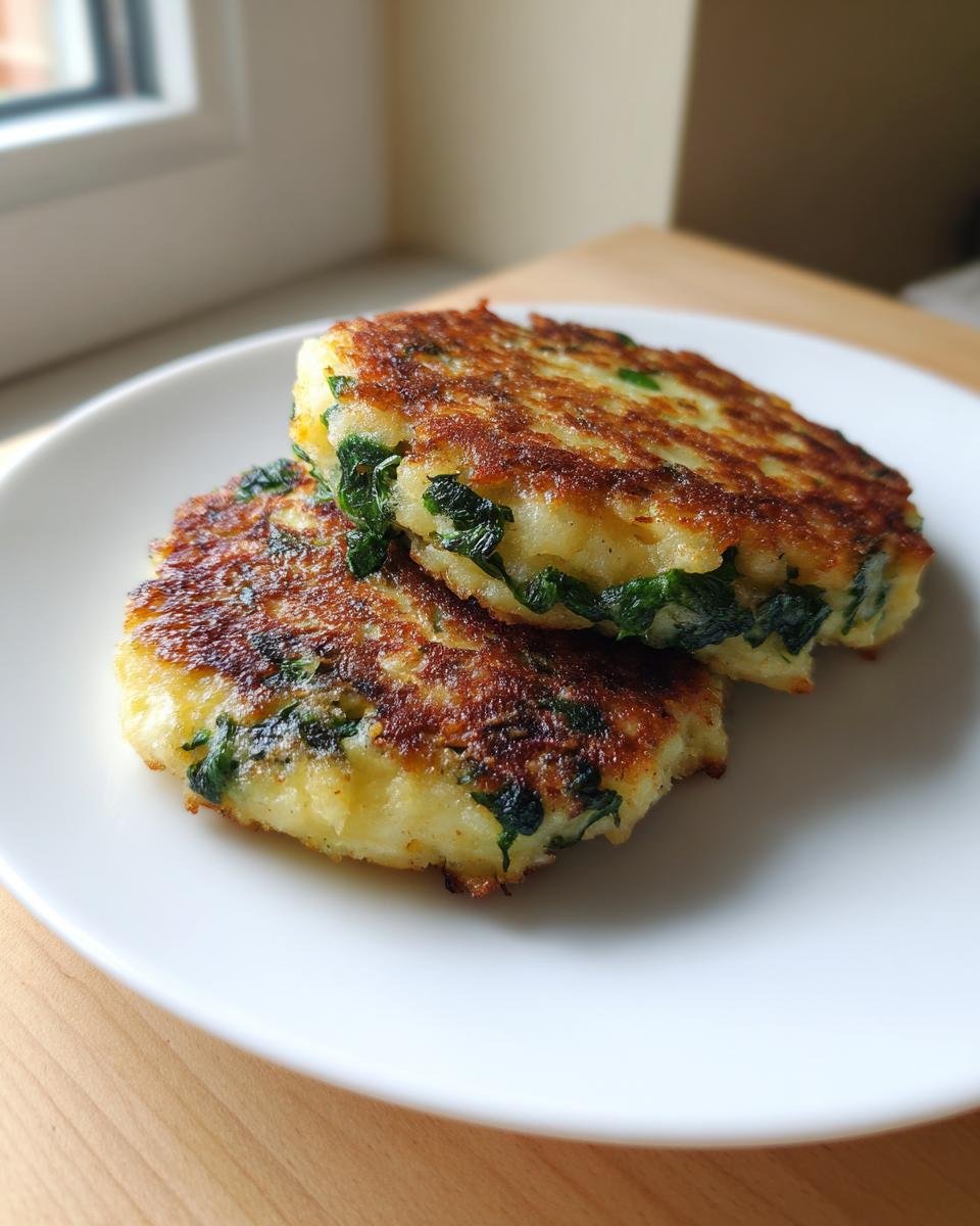 Two perfectly pan-fried Spinach Garlic Potato Patties stacked on a white plate, showing a golden-brown crust and green spinach filling.