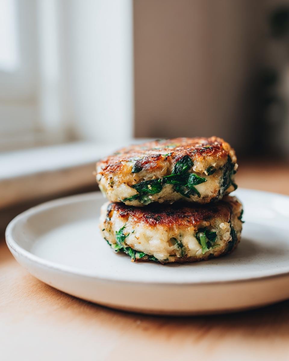 Two golden-brown Spinach Garlic Potato Patties stacked on a small white plate, showing visible green spinach pieces.