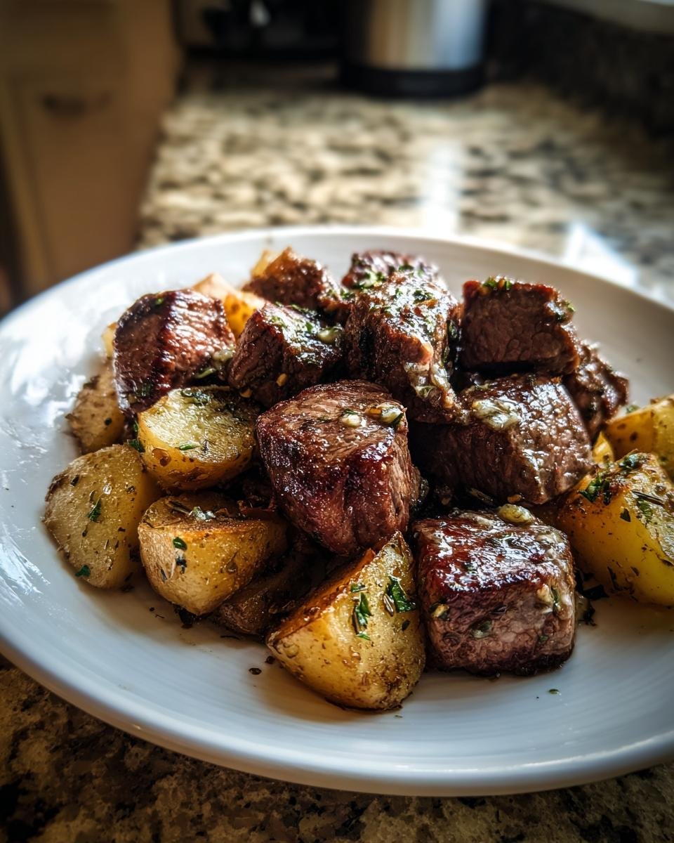 Close-up of juicy, seared Steak Bites With Potatoes seasoned with herbs on a white plate.