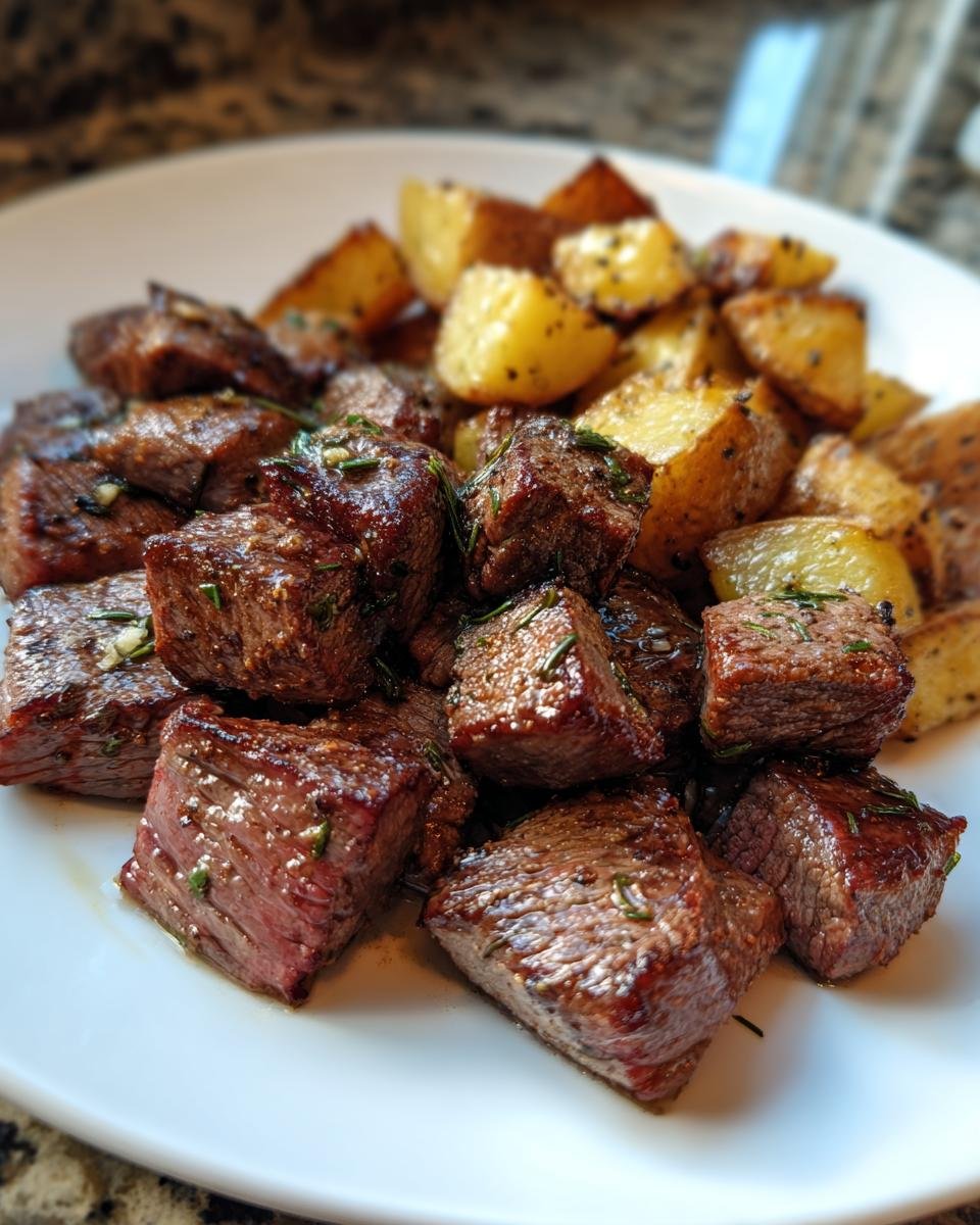 Close-up of perfectly seared Steak Bites With Potatoes, seasoned with herbs and garlic.