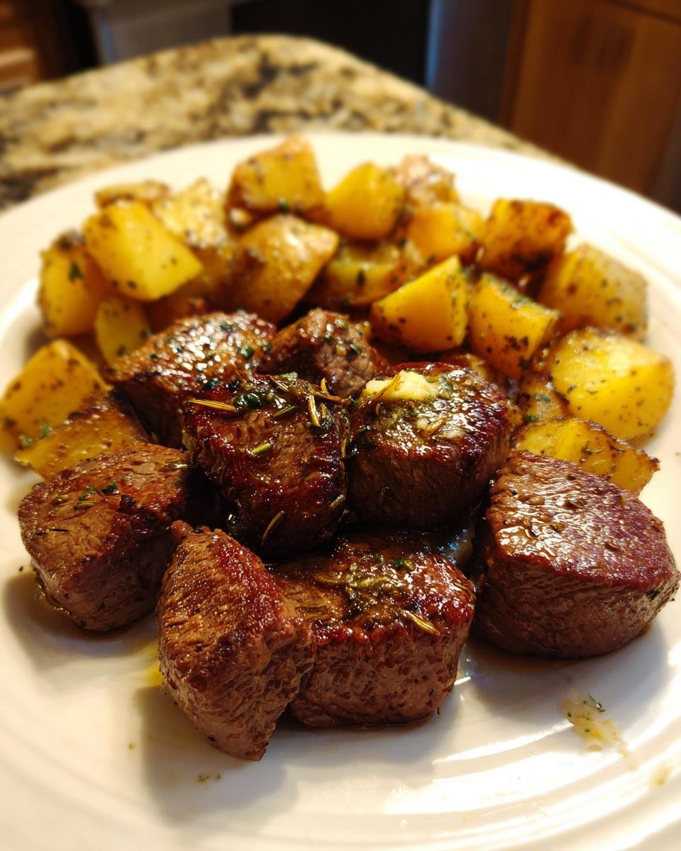 A plate featuring seared steak bites topped with herbs next to seasoned, cubed roasted potatoes.