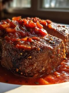 Close-up of a thick-cut Steak Pizzaiola smothered in rich, chunky tomato sauce, served on a white plate.