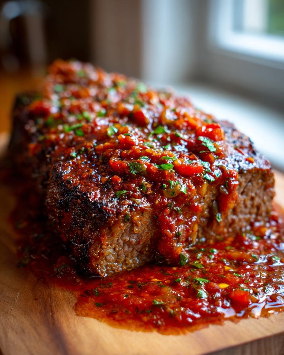 Close-up of a thick cut of Steak Pizzaiola, generously topped with vibrant red tomato sauce and fresh herbs.