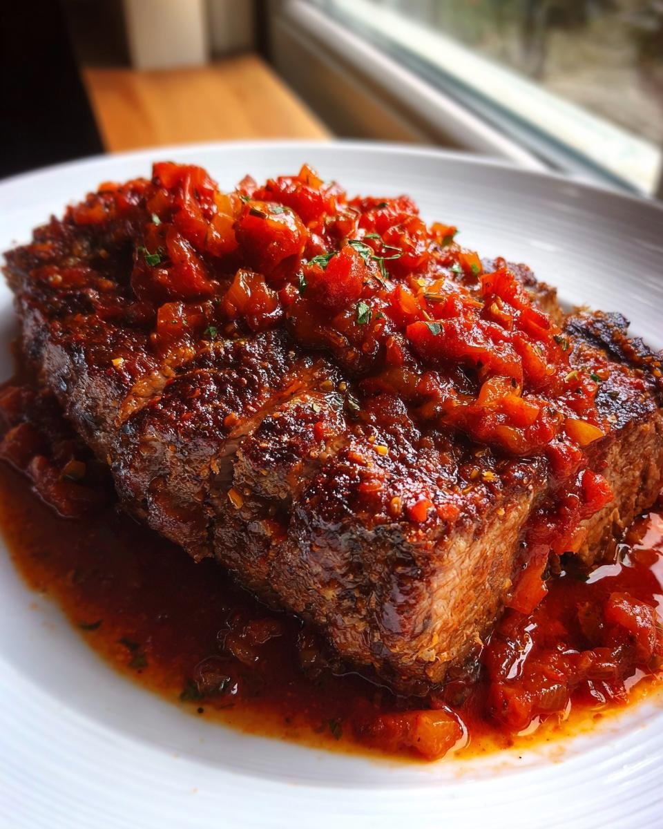 A thick, seared steak topped generously with chunky tomato sauce, representing Steak Pizzaiola.