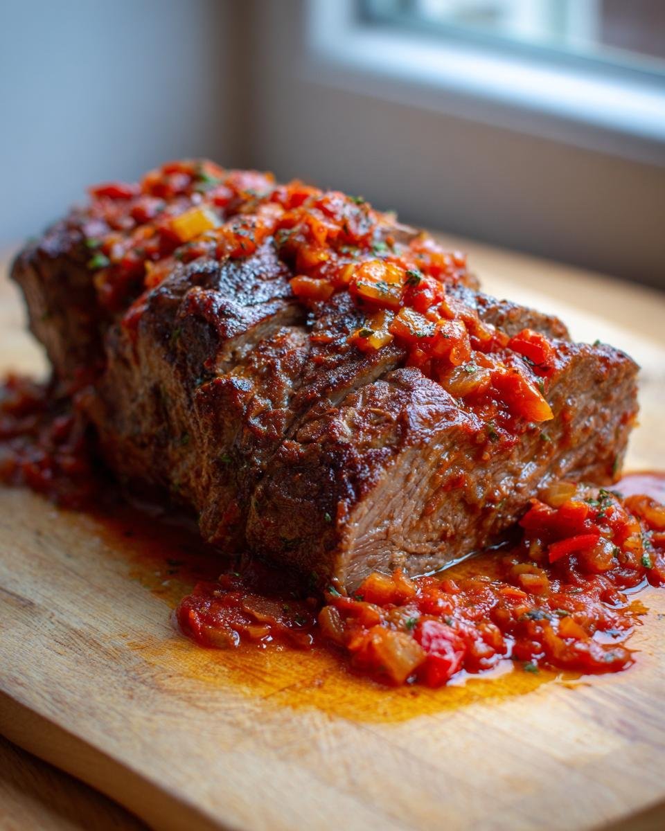 A beautifully seared cut of meat, likely Steak Pizzaiola, resting on a wooden board and generously topped with chunky tomato sauce.