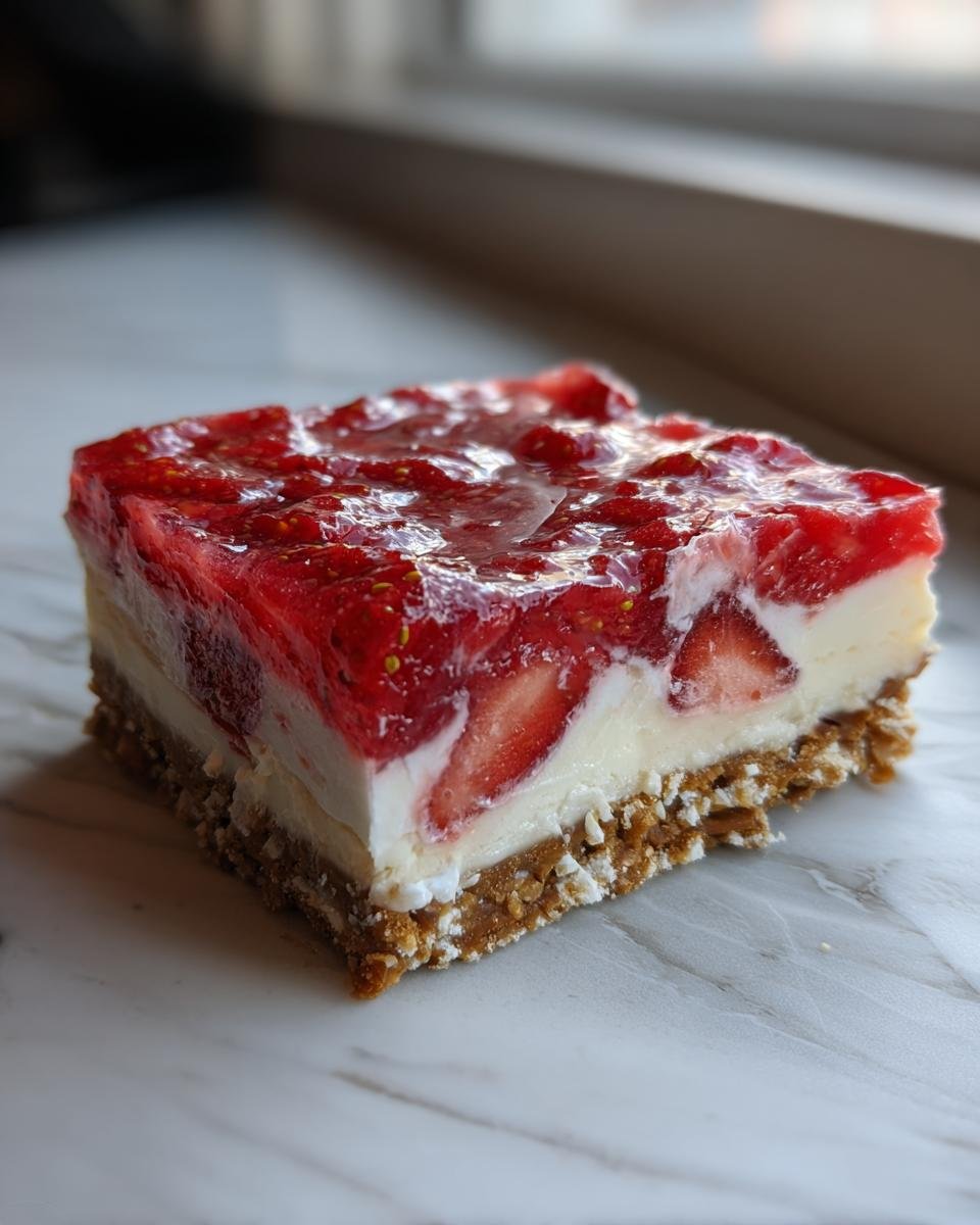 Close-up of a square slice of Strawberry Pretzel Dessert showing the pretzel crust, cream cheese layer, and strawberry gelatin topping.