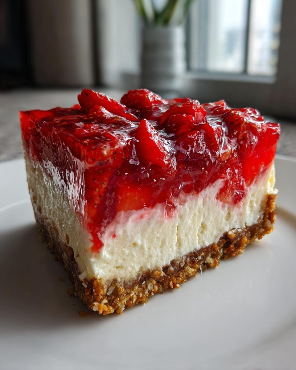 Close-up of a perfect slice of Strawberry Pretzel Dessert showing the pretzel crust, cream cheese layer, and bright strawberry topping.