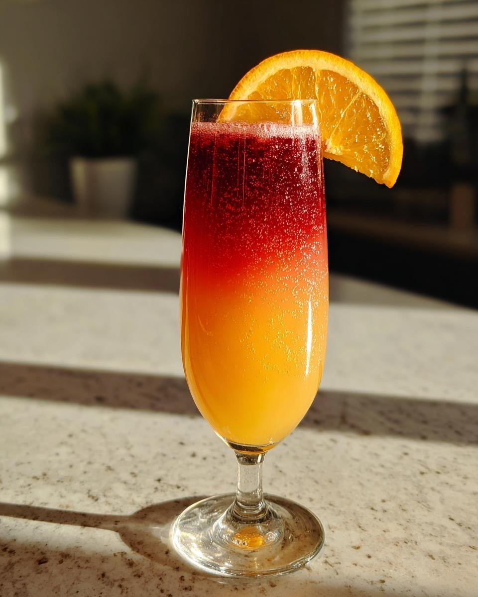 A vibrant, layered Sunrise Mimosa in a champagne flute, featuring orange and red layers, garnished with an orange slice.