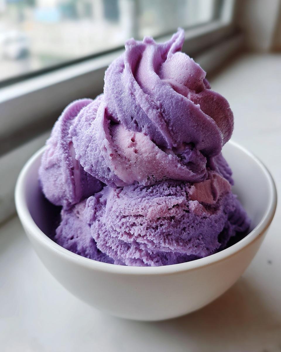 A close-up of vibrant, swirled purple Blueberry Nice Cream served in a white bowl near a window.