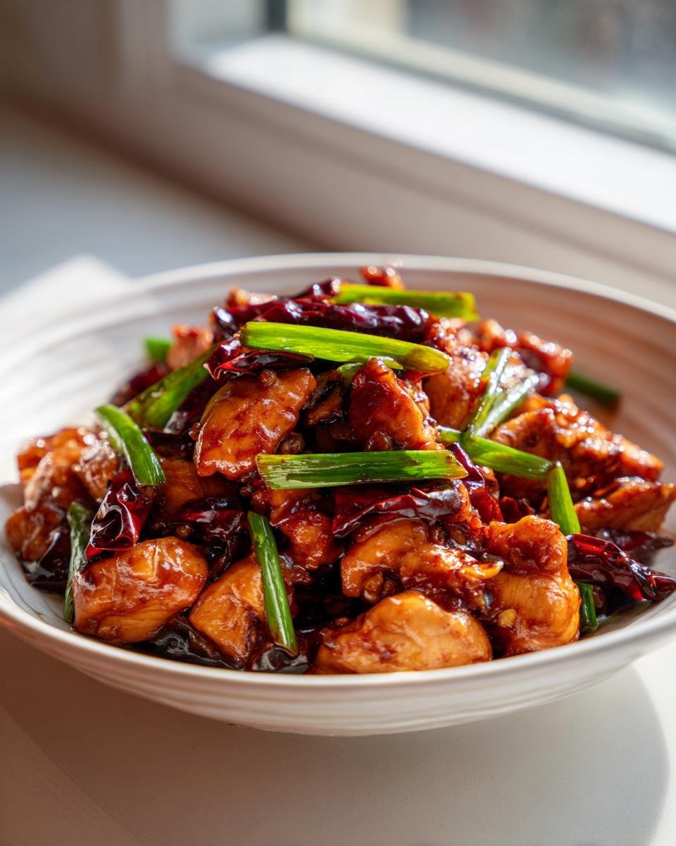 A close-up of glossy, dark-glazed Szechuan Chicken pieces garnished with bright green scallions and dried red chilies.