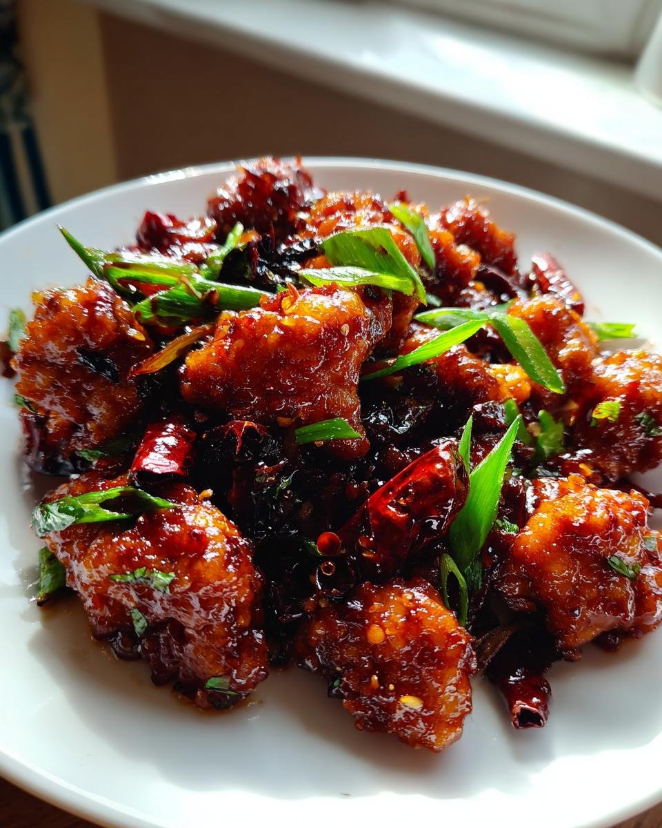 A close-up of glossy, dark red Szechuan Chicken pieces garnished with bright green scallions and dried red chilies.