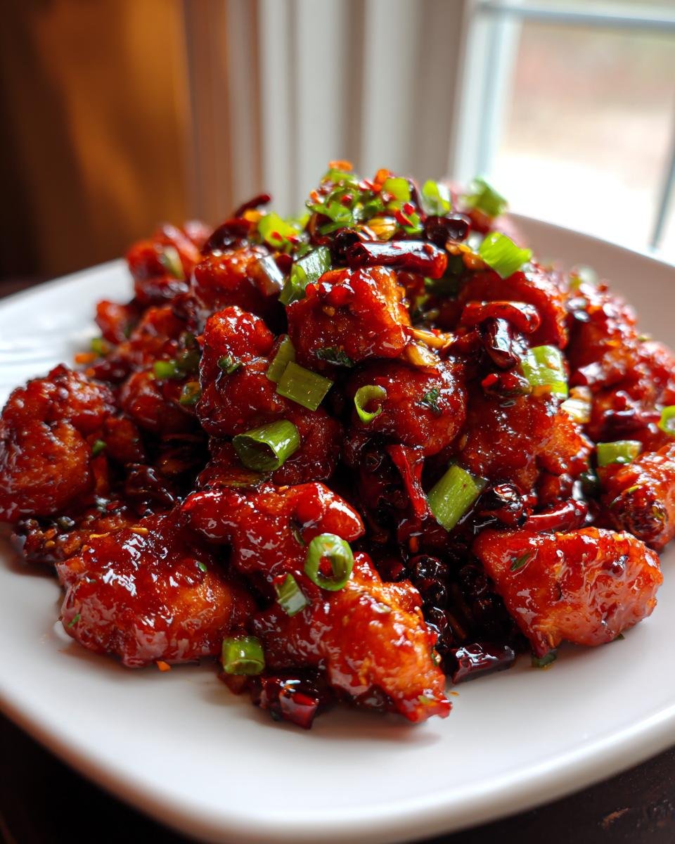 A close-up of glistening, dark red Szechuan Chicken pieces topped with chopped green onions and dried chilies.