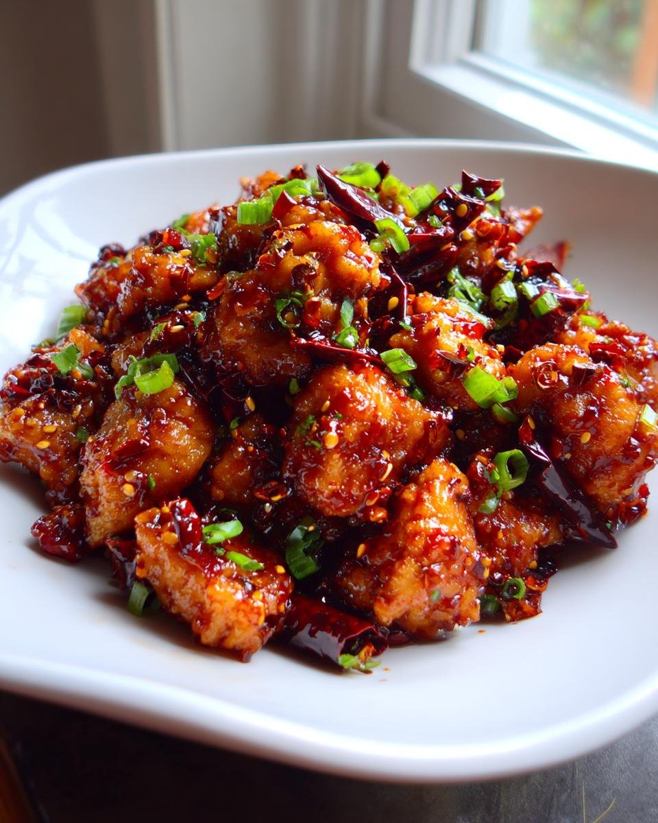 Close-up of crispy Szechuan Chicken pieces coated in a glossy, dark red sauce, garnished with dried chilies and green onions.