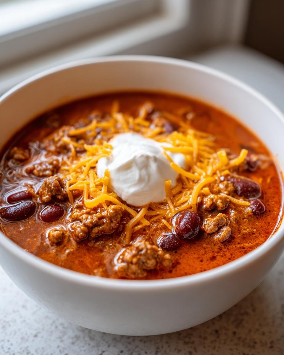 Close-up of a white bowl filled with rich, red Taco Soup topped with shredded cheese, ground beef, kidney beans, and sour cream.
