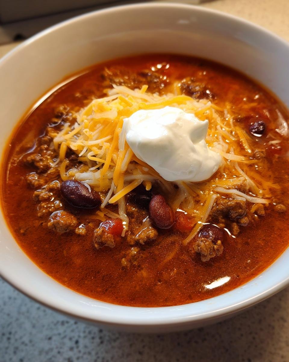 Close-up of a rich, red bowl of Taco Soup topped with shredded cheese, kidney beans, and a dollop of sour cream.