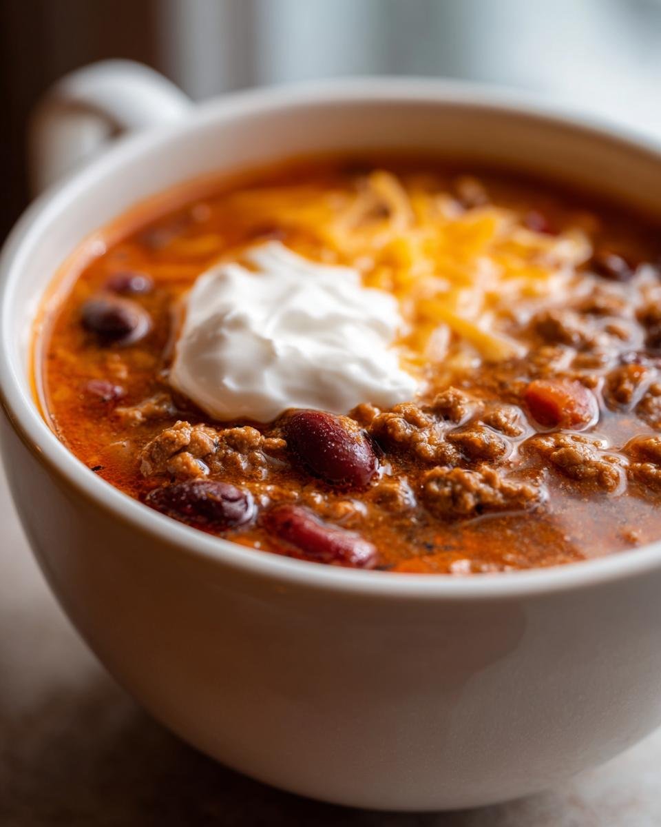Close-up of a white mug filled with rich Taco Soup, topped with sour cream and shredded cheese.