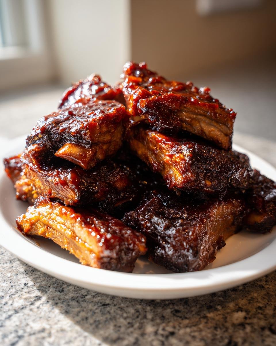 A close-up stack of tender Country Style Pork Ribs heavily coated in a thick, dark BBQ glaze on a white plate.