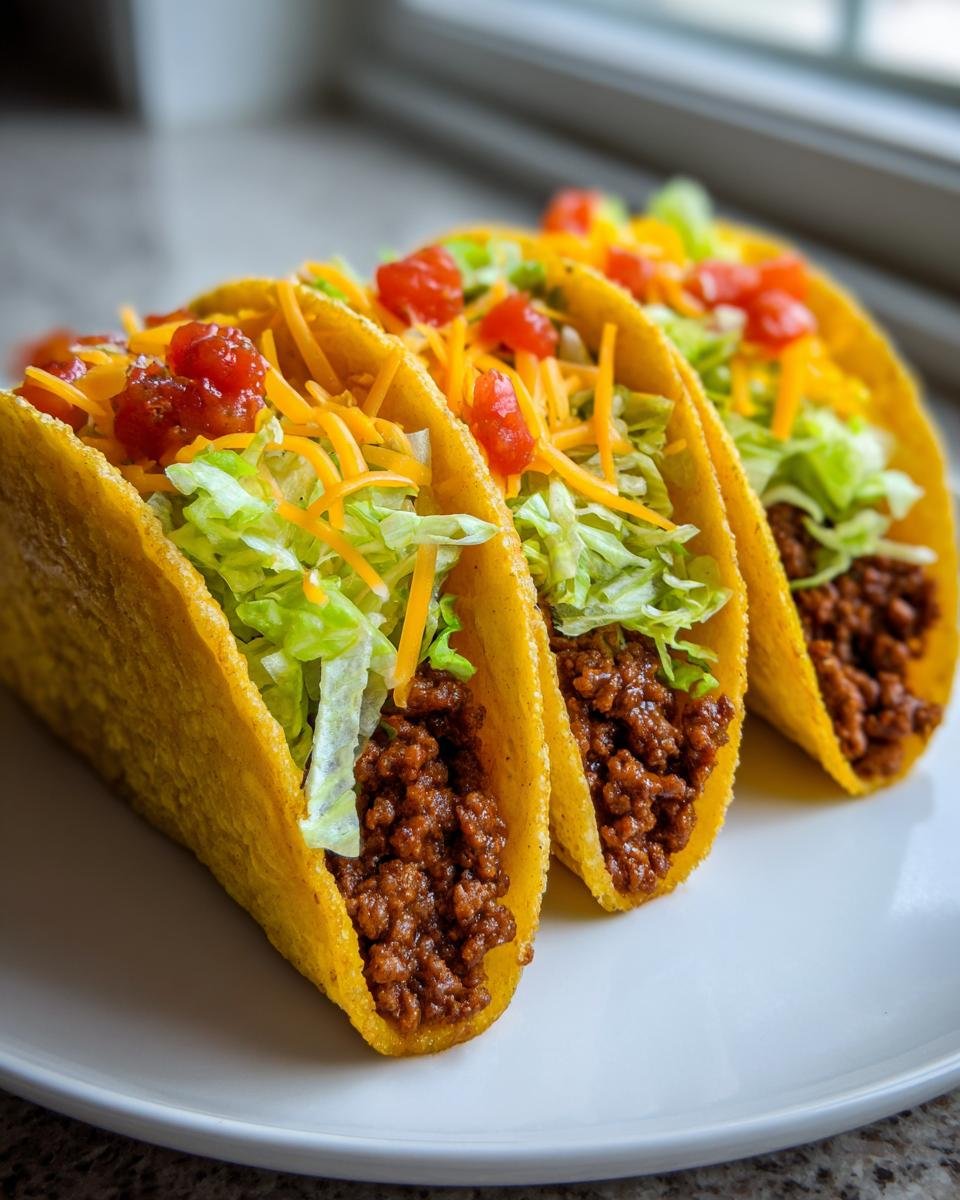 Three fully loaded, crispy shell Baked Tacos filled with seasoned ground beef, lettuce, cheese, and diced tomatoes.
