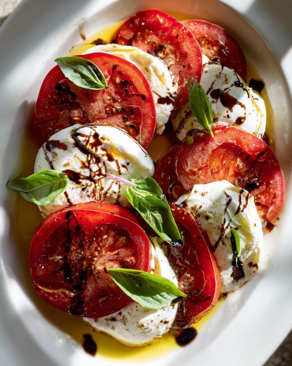 Overhead view of a vibrant Tomato Burrata Salad featuring sliced red tomatoes, creamy burrata, and fresh basil leaves drizzled with balsamic glaze.