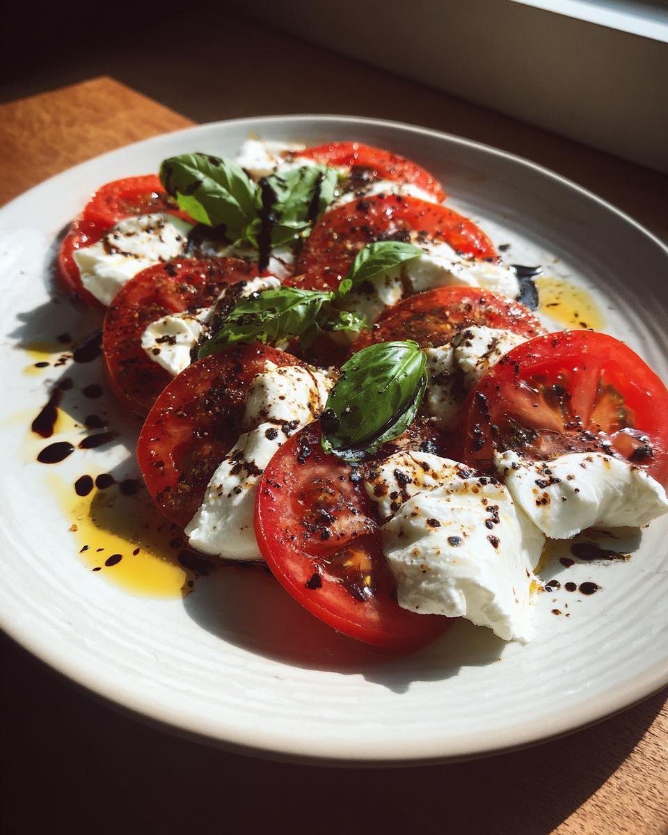 Close-up of slices of red tomatoes layered with torn burrata cheese, drizzled with balsamic glaze, for a Tomato Burrata Salad.