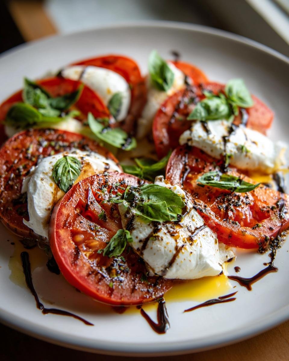 Close-up of a vibrant Tomato Burrata Salad featuring thick tomato slices, creamy burrata cheese, and fresh basil, drizzled with balsamic glaze.