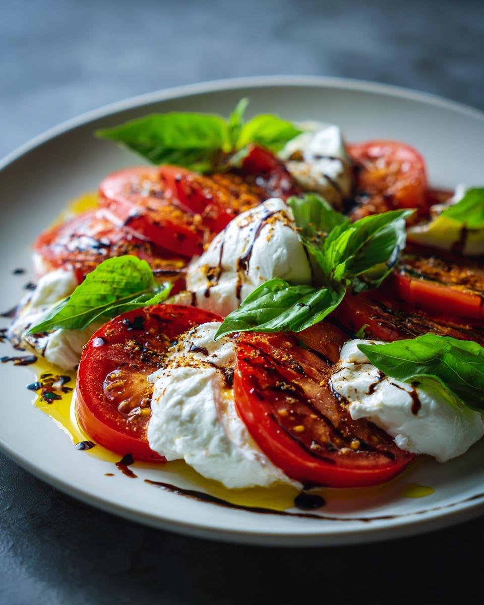 Close-up of a vibrant Tomato Burrata Salad featuring sliced red tomatoes, creamy white burrata cheese, fresh basil leaves, and a balsamic glaze drizzle.