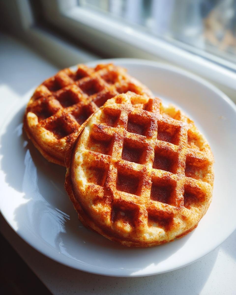Two perfectly golden brown Easy Chaffles resting on a white plate, illuminated by bright natural light.
