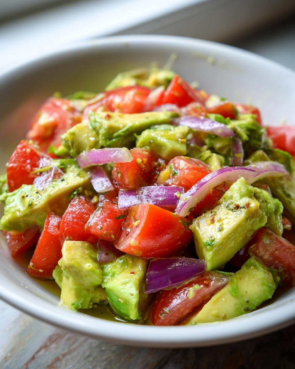 Close-up of a fresh Avocado Salad featuring diced avocado, bright red tomatoes, and slices of purple red onion.