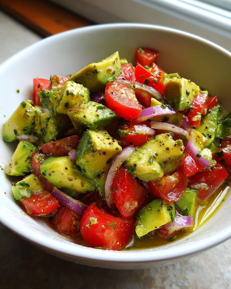 Close-up of a fresh Avocado Salad featuring diced avocado, cherry tomatoes, and red onion in a white bowl.