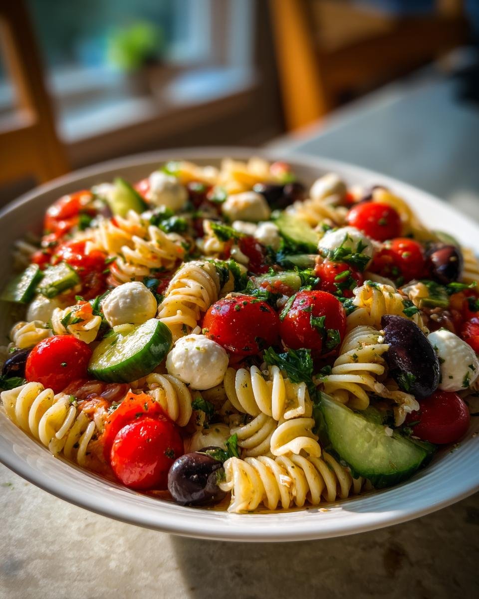 Close-up of a white bowl filled with Italian Pasta Salad featuring rotini, cherry tomatoes, mozzarella balls, and cucumbers.