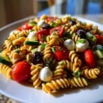 Close-up of a delicious Italian Pasta Salad featuring rotini pasta, cherry tomatoes, mozzarella balls, and olives.