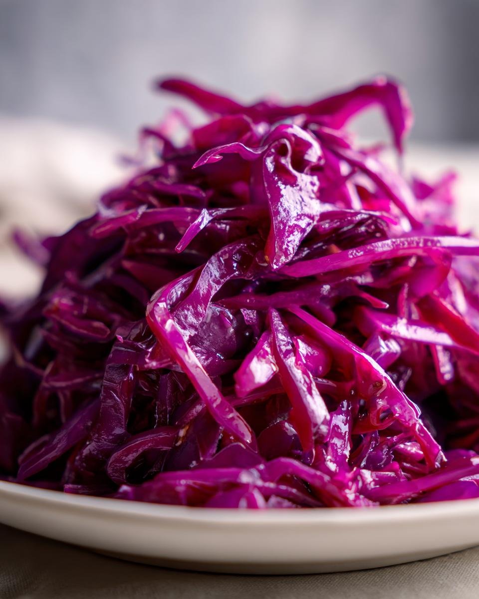 Close-up of bright purple, shredded Red Cabbage Slaw piled high on a light-colored plate.