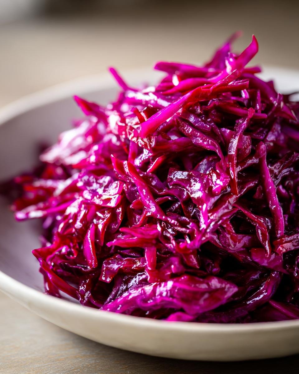 Close-up of vibrant, glossy shredded red cabbage slaw served in a light-colored bowl.