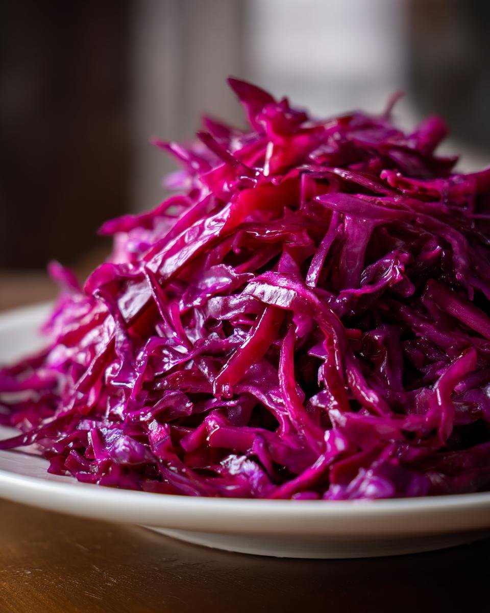 Close-up of a mound of bright, shredded Red Cabbage Slaw piled high on a white plate.