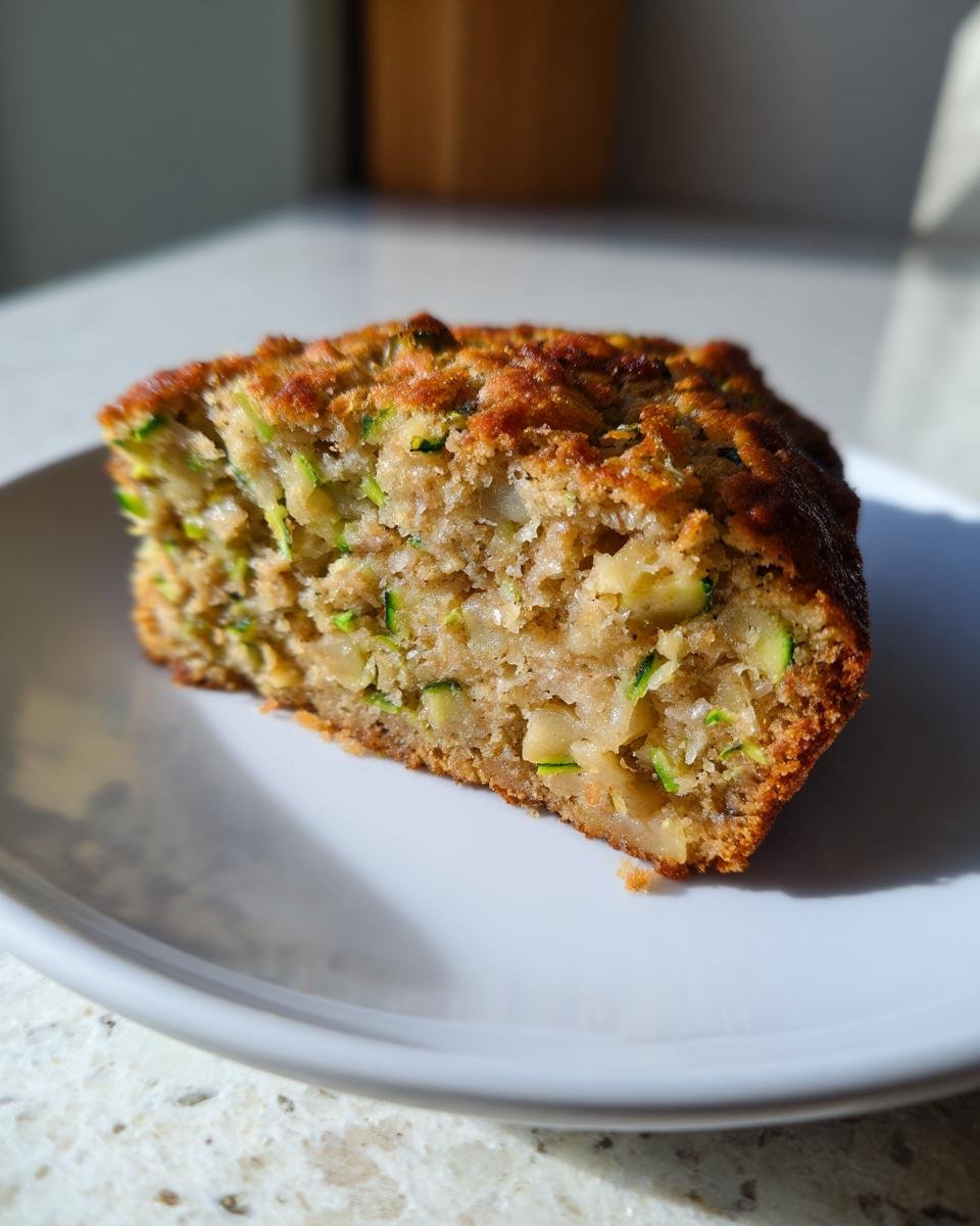 Close-up of a moist slice of Zucchini Bread With Apples showing shredded zucchini and chunks of apple in the crumb.