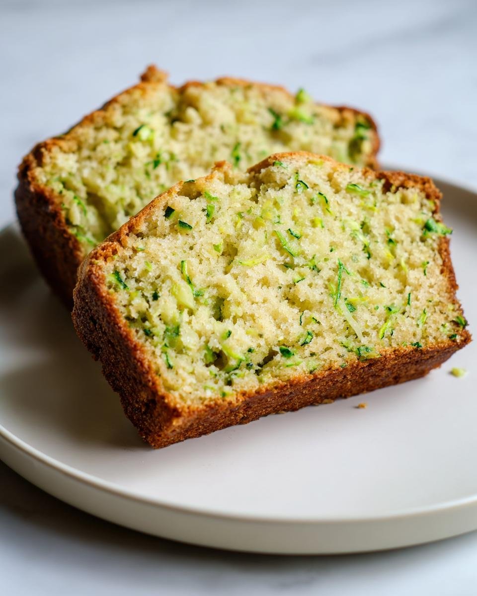 Two thick slices of moist Zucchini Bread With Apples showing shredded zucchini throughout the crumb.