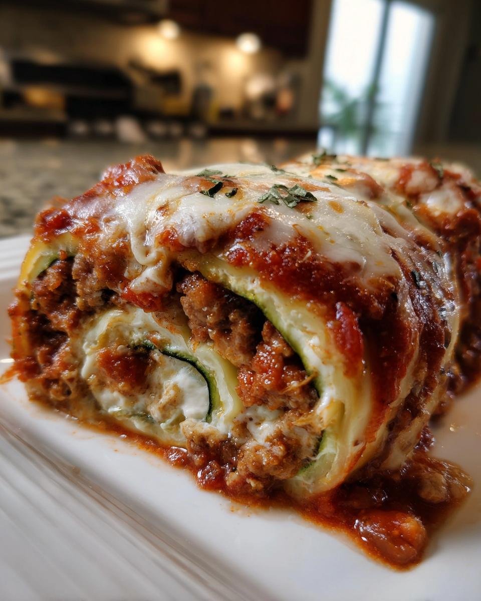 A close-up of a serving of Zucchini Lasagna Roll Ups covered in meat sauce and melted mozzarella cheese.