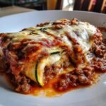 Close-up of a single serving of Zucchini Lasagna Roll Ups covered in rich meat sauce and melted mozzarella cheese.