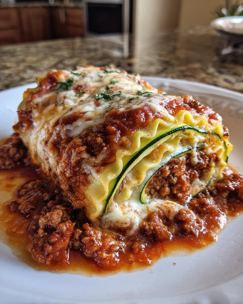 Two Zucchini Lasagna Roll Ups covered in melted cheese and rich meat sauce, garnished with parsley.
