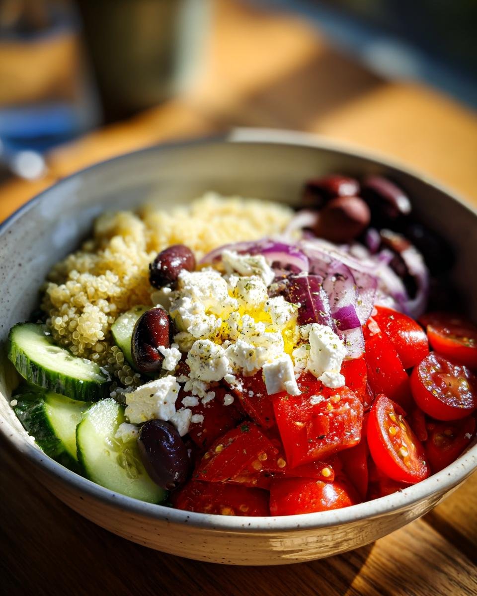 Close-up of a vibrant Mediterranean Bowl featuring quinoa, sliced cucumbers, tomatoes, feta cheese, olives, and red onion.