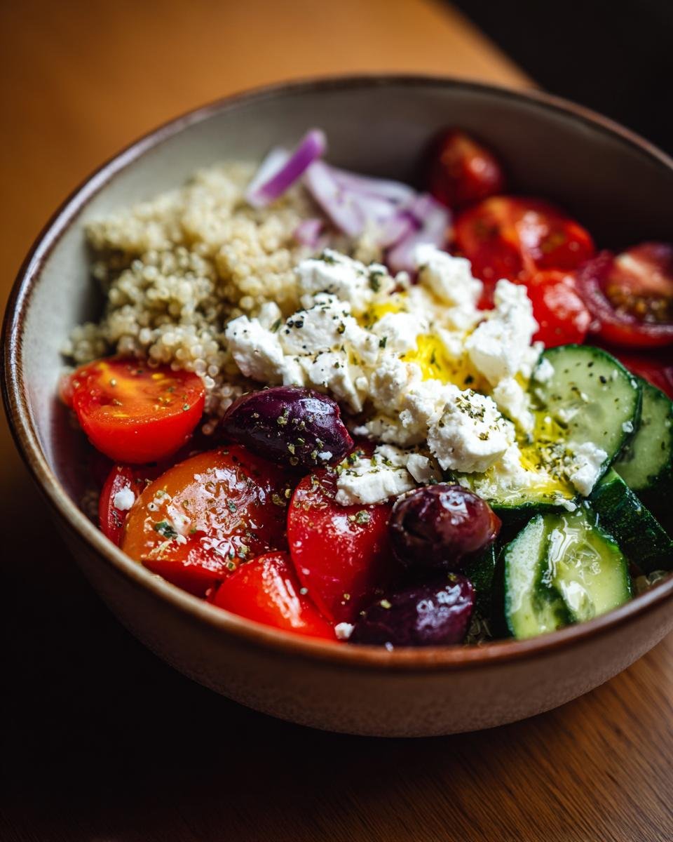 Close-up of a fresh Mediterranean Bowl featuring quinoa, feta cheese, cherry tomatoes, cucumbers, olives, and red onion.