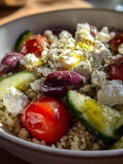 Close-up of a fresh Mediterranean Bowl featuring quinoa, cherry tomatoes, cucumber, feta cheese, and Kalamata olives.