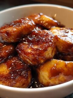 Close-up of thick slices of caramelized bananas coated in a rich, dark brown syrup in a white bowl.