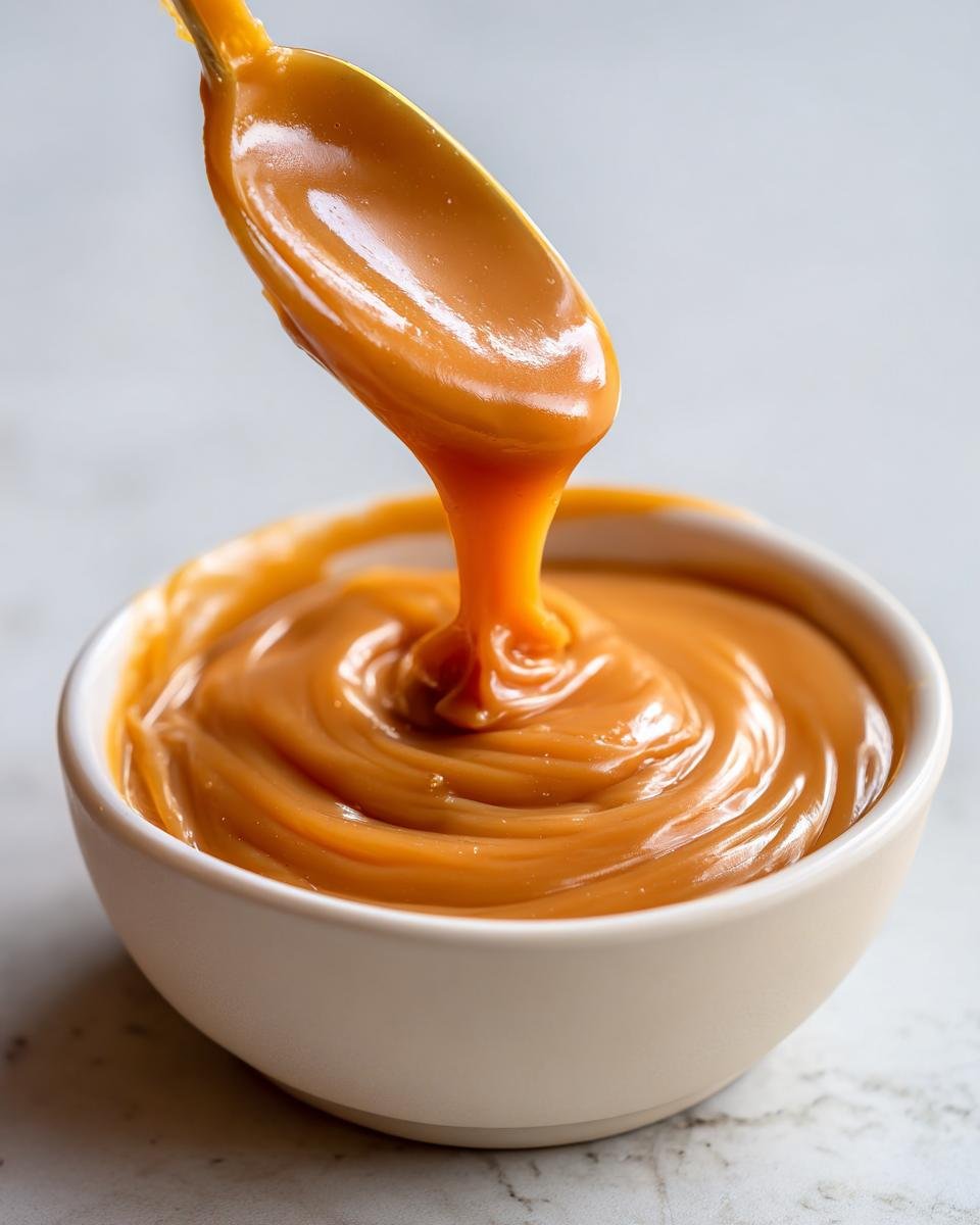 Close-up of thick, glossy Caramel Dip being drizzled from a golden spoon back into a white bowl.