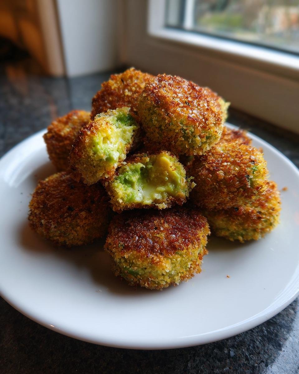 A stack of crispy, golden brown Air Fryer Avocado Fries on a white plate, one is broken open showing the creamy green interior.