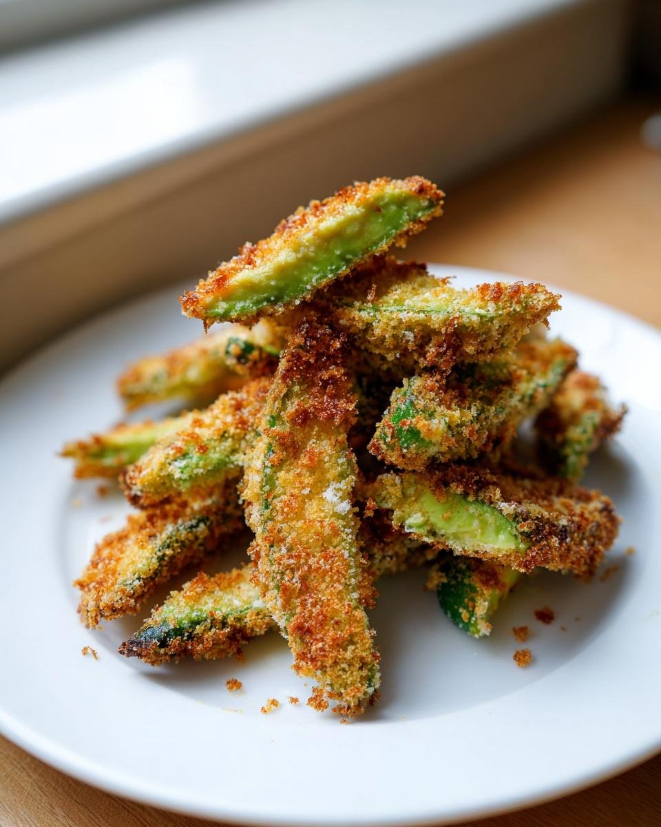 A pile of golden brown, crispy Air Fryer Avocado Fries showing the bright green avocado interior on a white plate.
